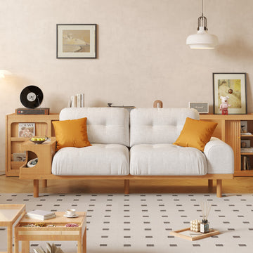 Japandi Style Beige Sofa with Wooden Base & Integrated Cat Den